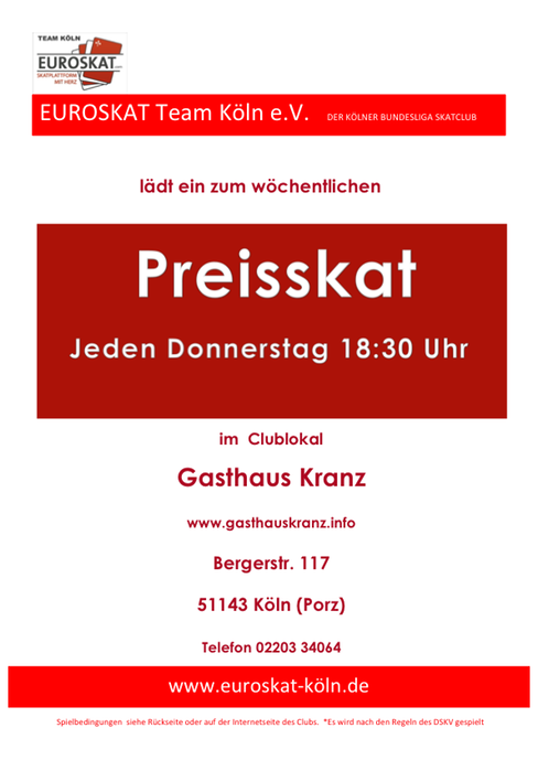 Plakat 1.Seite - Flugblatt wöchentlicher Preisskat EUROSKAT Team Köln e.V. 2014